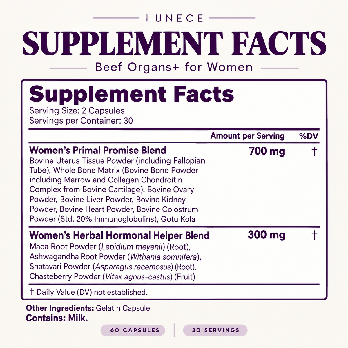 Lunece Beef Organs+ Supplement Facts: serving size two capsules, 30 servings, 700 mg Women's Primal Promise Blend, 300 mg Women's Herbal Hormonal Helper Blend; gelatin capsule; contains milk.