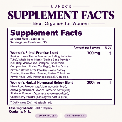 Lunece Beef Organs+ Supplement Facts: serving size two capsules, 30 servings, 700 mg Women's Primal Promise Blend, 300 mg Women's Herbal Hormonal Helper Blend; gelatin capsule; contains milk.