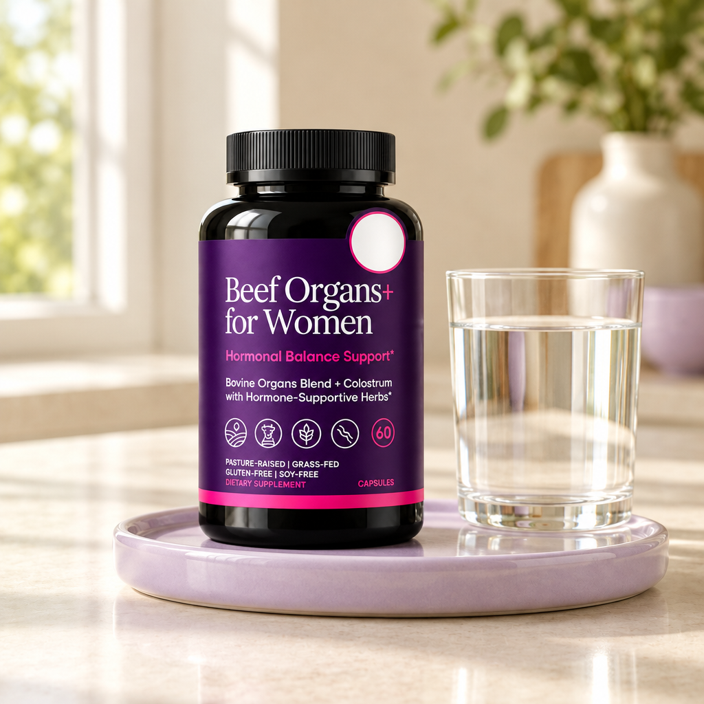 Beef Organs+ for Women bottle beside a glass of water