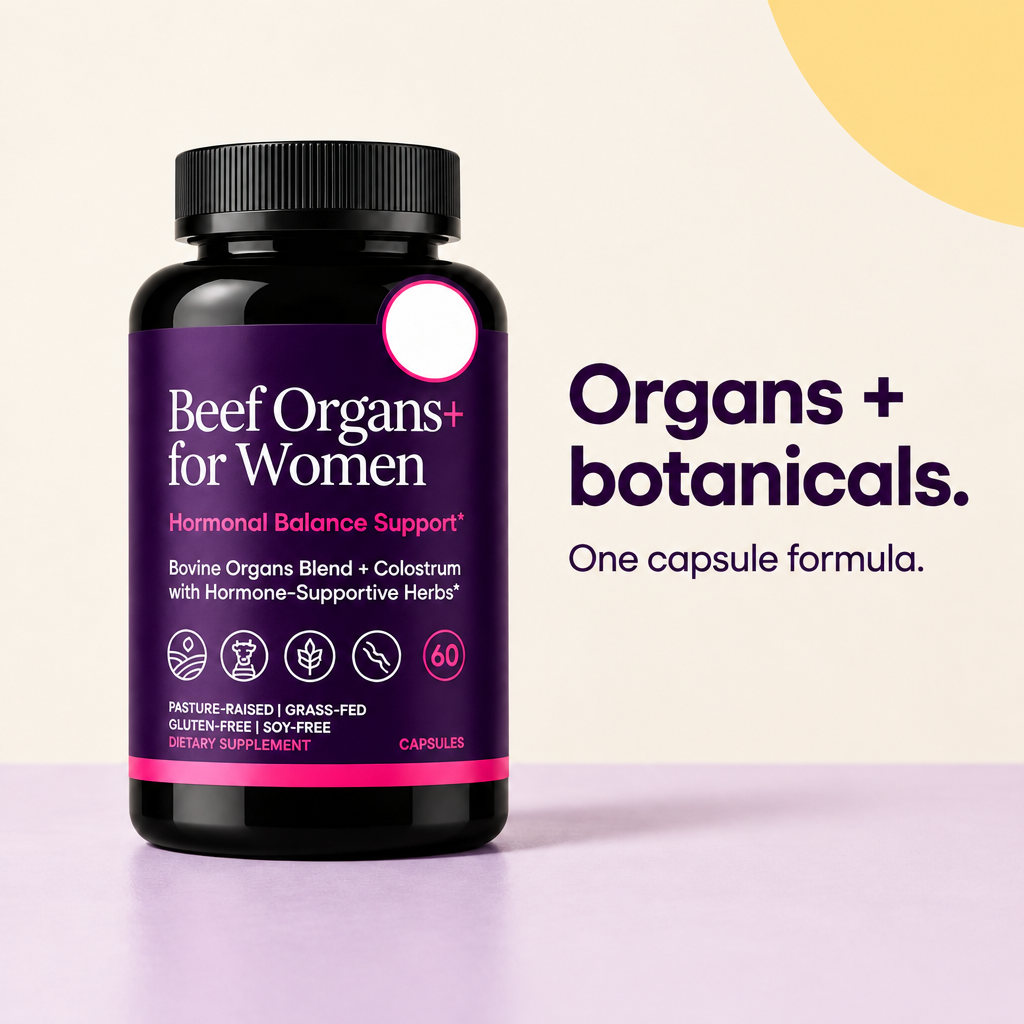 Beef Organs+ bottle with the text Organs + botanicals. One capsule formula.